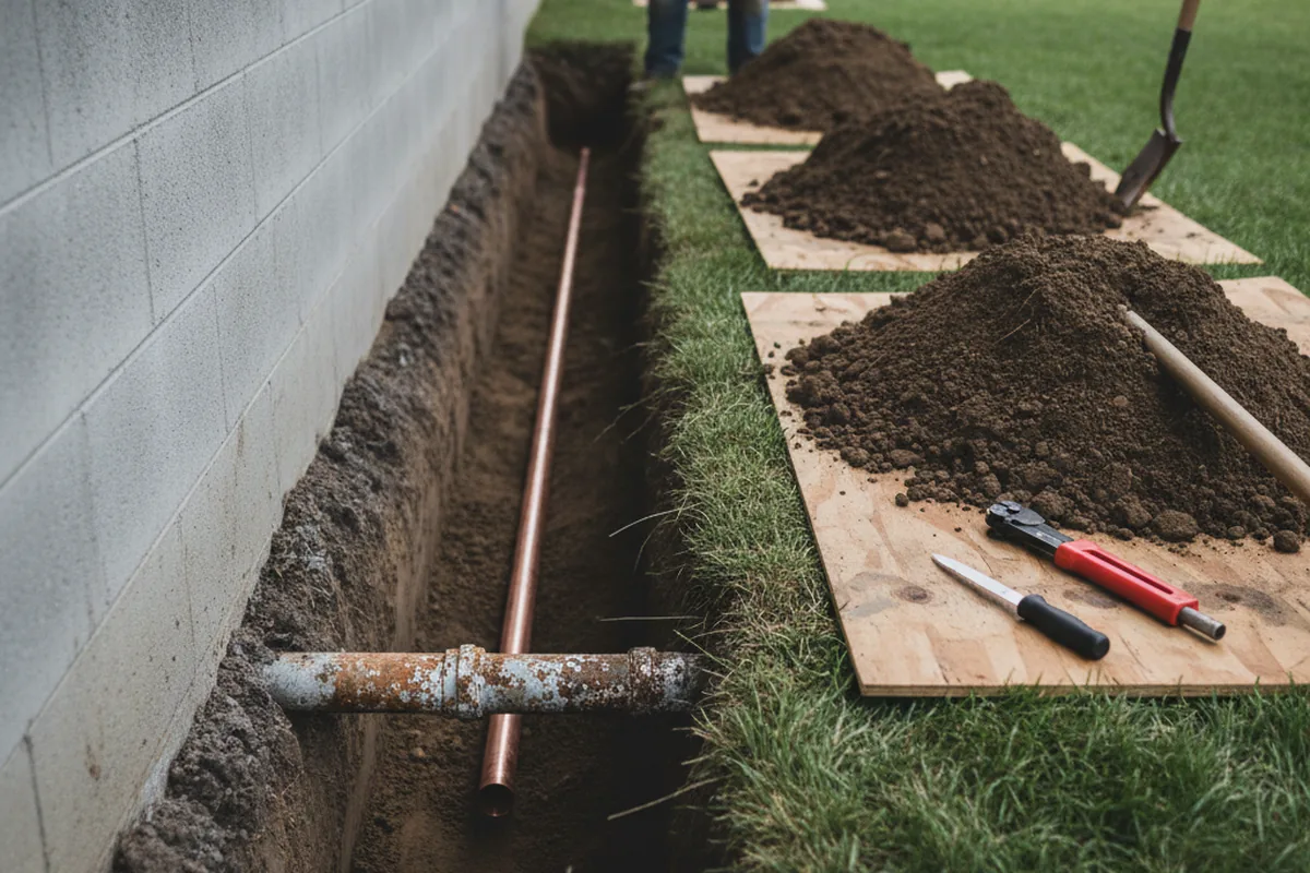 Excavated water line trench during Sewer Line Repair in Ooltewah